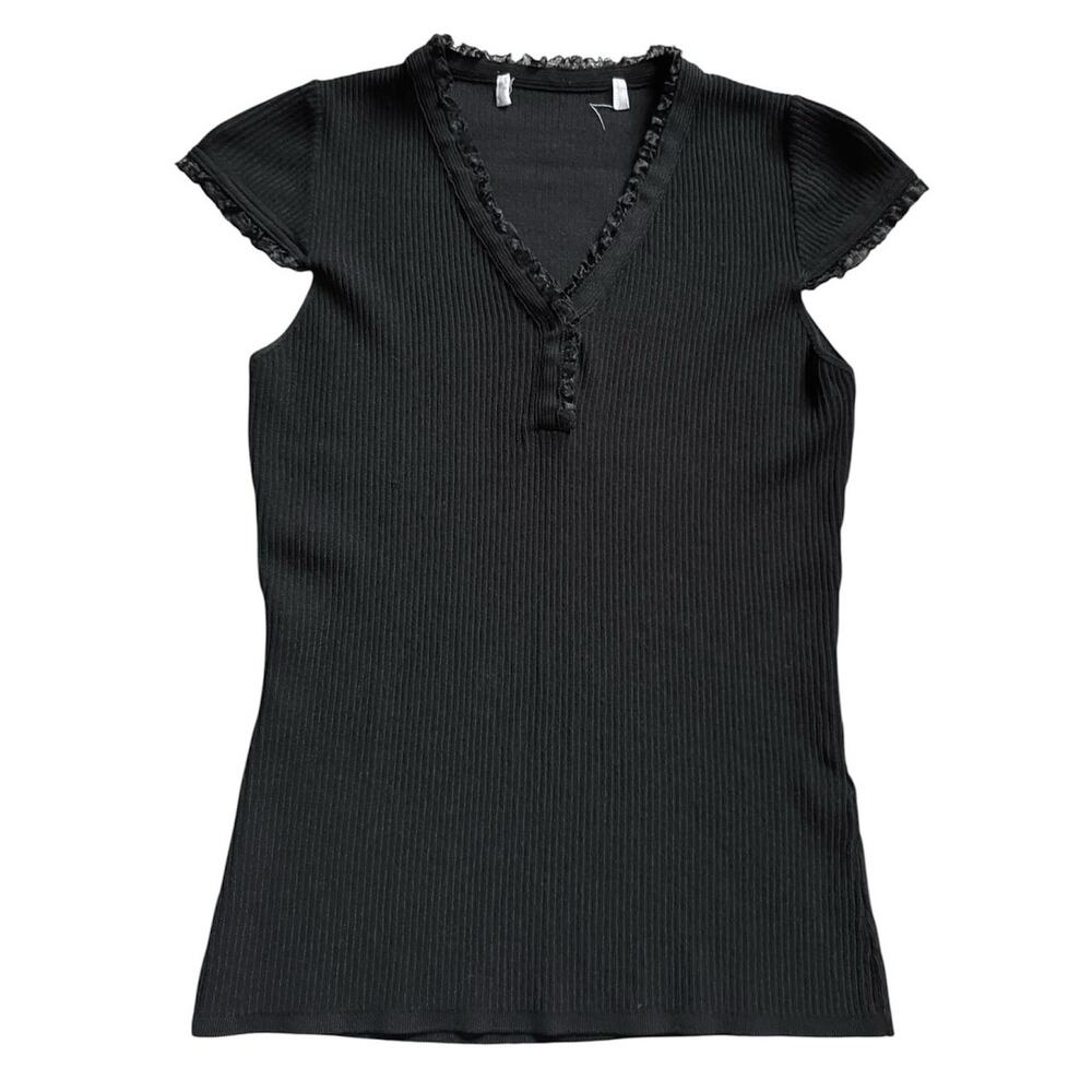 Y2K Black Ribbed Top Lace Trim Goth Whimsigoth E Girl Shirt Fairy Grunge Cottage